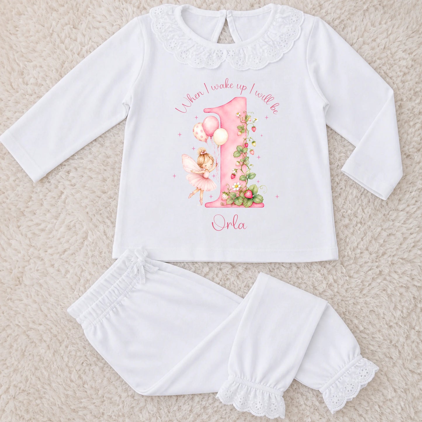 Girls Personalised Birthday Pyjamas – Strawberry Fairy Frill Pyjama Set AishaBaileyDesigns