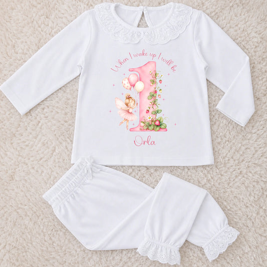 Girls Personalised Birthday Pyjamas – Strawberry Fairy Frill Pyjama Set AishaBaileyDesigns