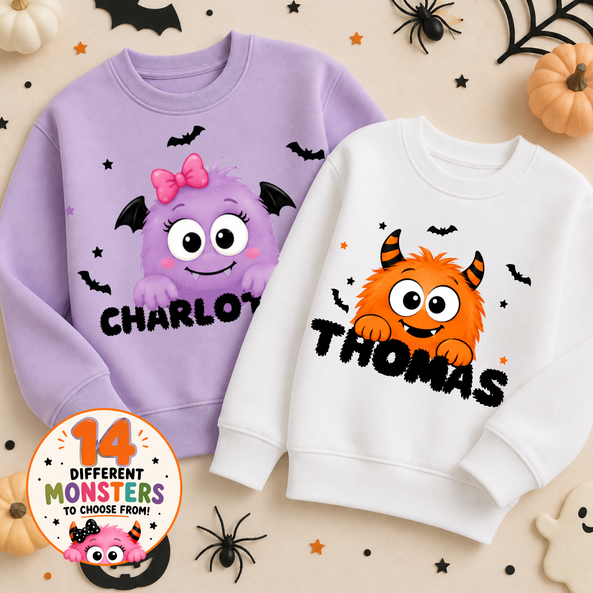 Personalised Halloween Sweatshirt for Kids with child's name and cute monster design, unisex Halloween jumper for boys and girls.