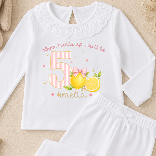 Personalised Pink Lemon Birthday Pyjamas for Girls – Pink Stripe Gingham Lemon PJs AishaBaileyDesigns