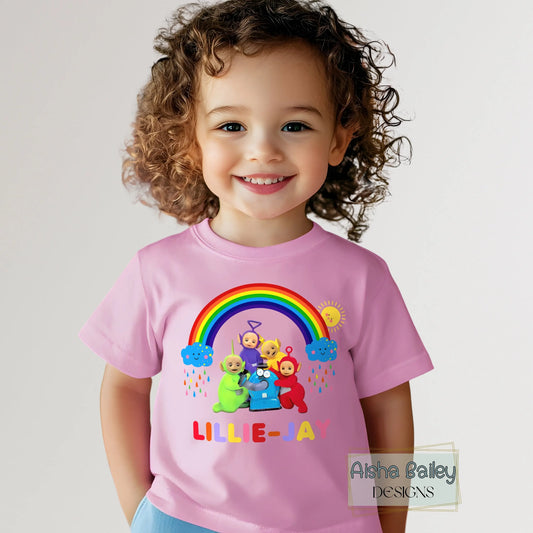 Teletubbies personalised sweatshirt for girls with rainbow design, custom name , colourful kids jumper, cute character outfit for everyday wear