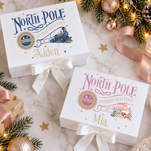 Christmas Gift Box personalised with child’s name and character, featuring a festive Polar Express design, magnetic closure and ribbon tie.