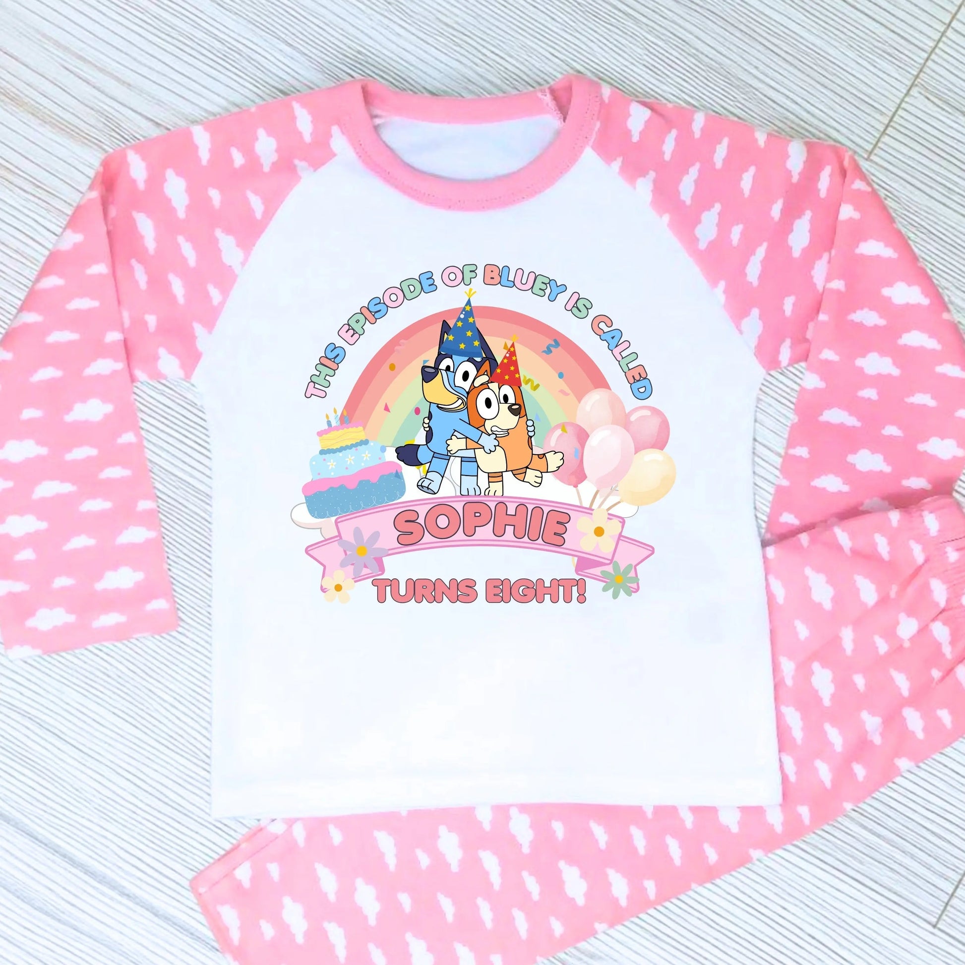Bluey and Bingo Birthday Pyjamas for Girls with custom name and age in a pink party-themed design.