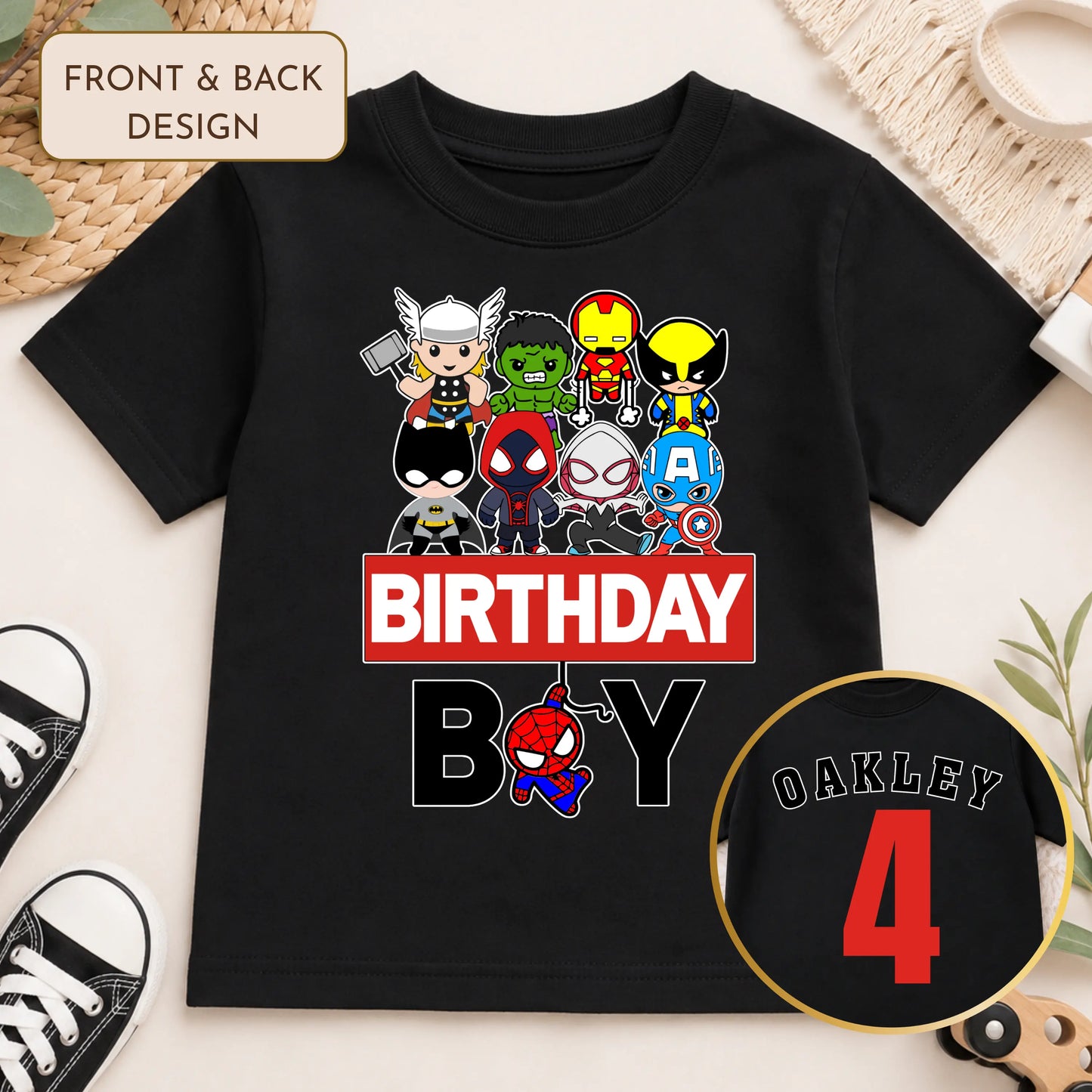 Boys Personalised Superhero Birthday T-Shirt with Name & Age Front and Back AishaBaileyDesigns