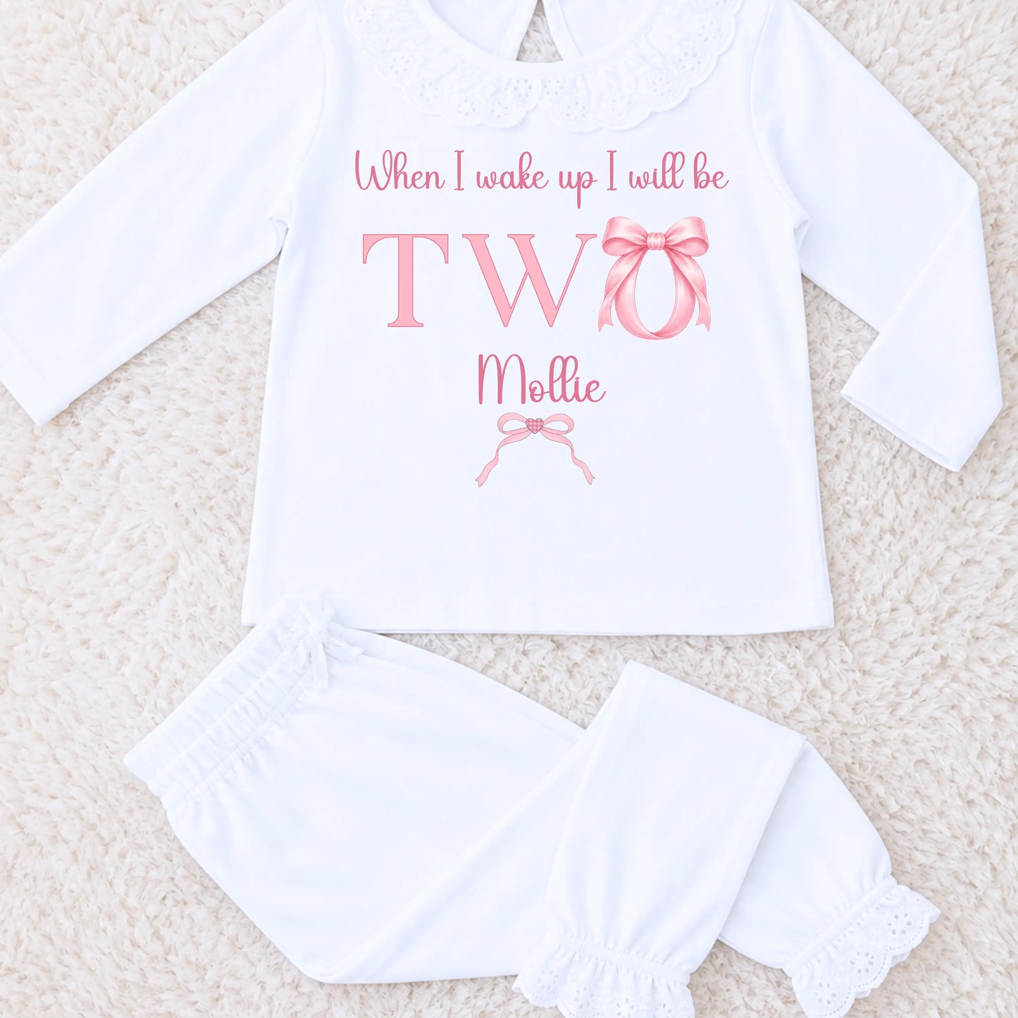 Personalised Birthday Pyjamas for Girls – Pink Bow Frilly 1st 2nd 3rd 4th Birthday PJs AishaBaileyDesigns