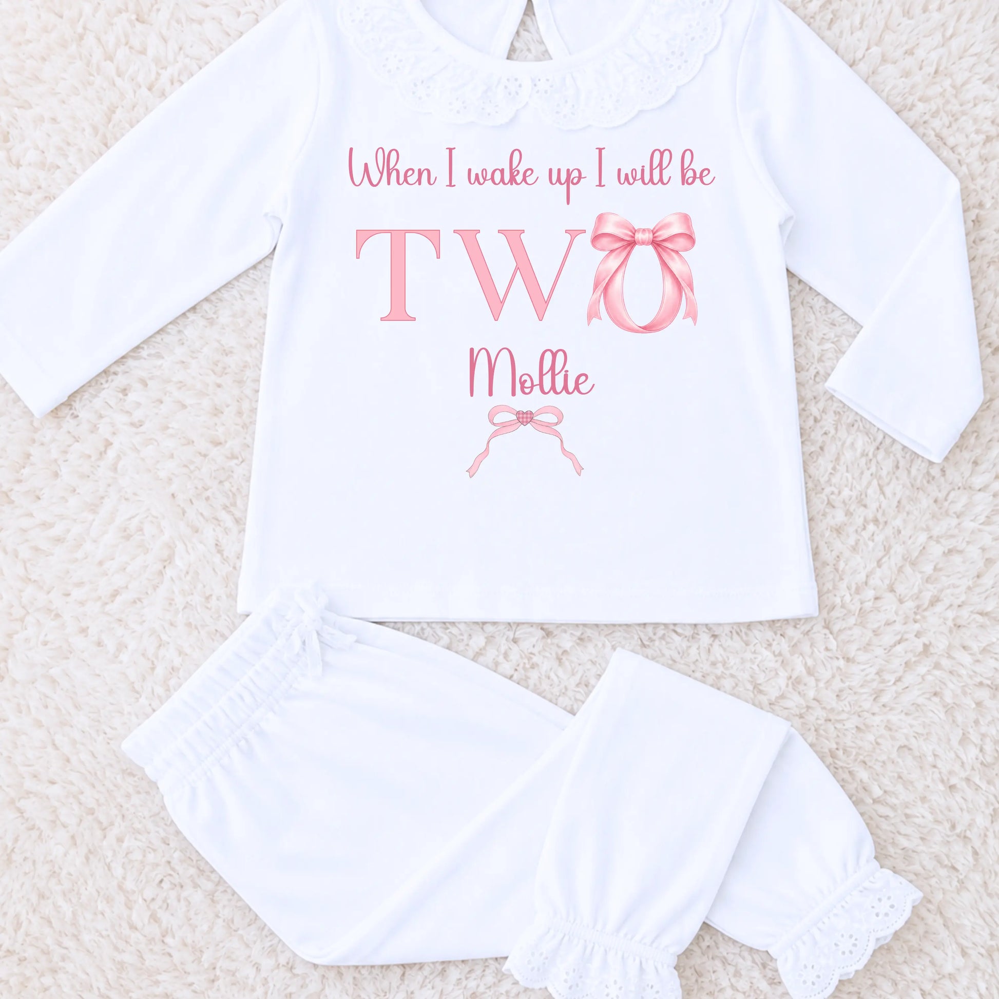 Personalised Birthday Pyjamas for Girls – Pink Bow Frilly 1st 2nd 3rd 4th Birthday PJs AishaBaileyDesigns