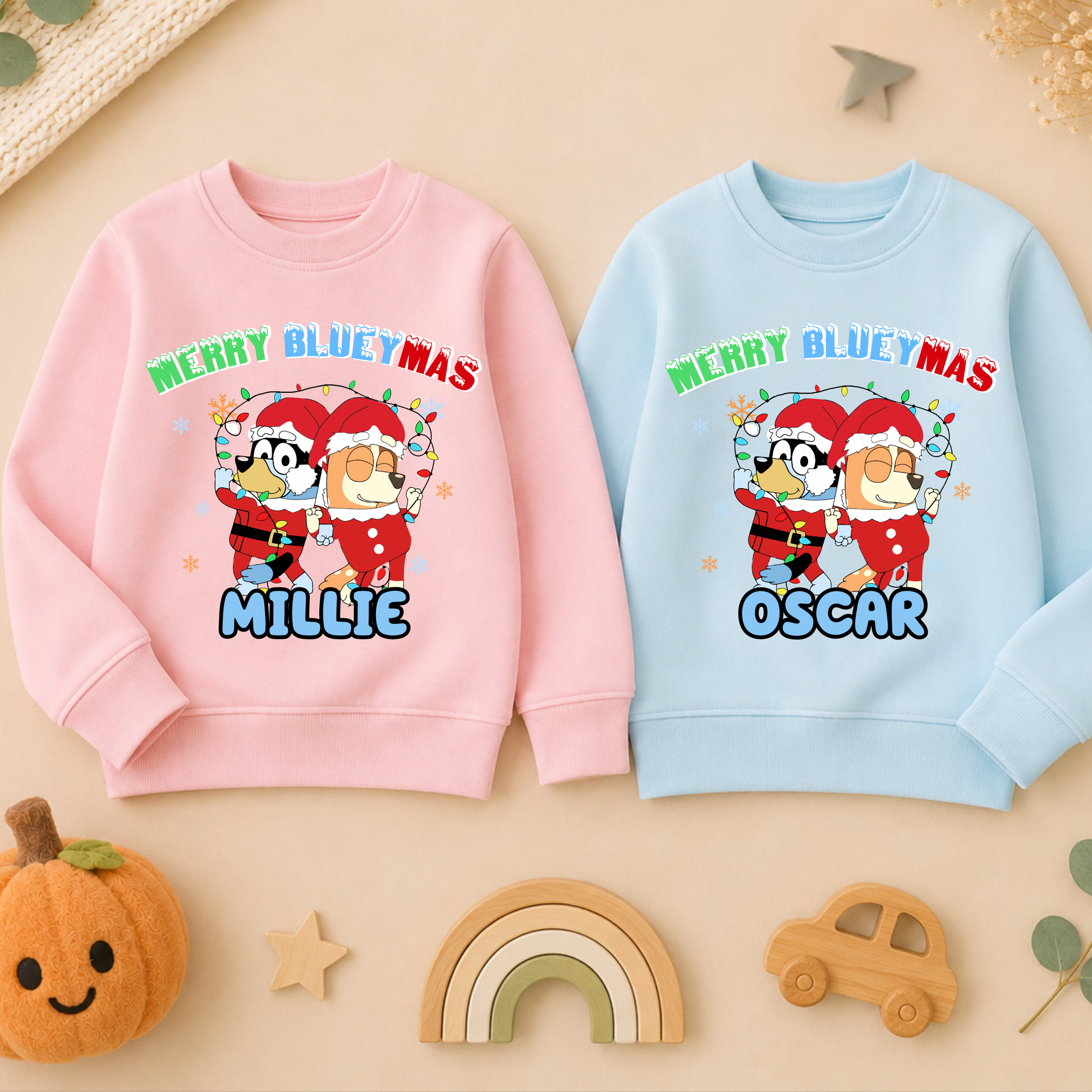 Personalised Christmas Jumper for kids featuring a festive Merry Blueymas design with Bluey and Bingo, personalised with your child's name.