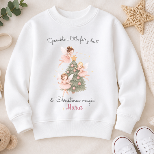 Girls Christmas Sweatshirt with personalised name, featuring three pink fairies decorating a festive Christmas tree with soft pink baubles.
