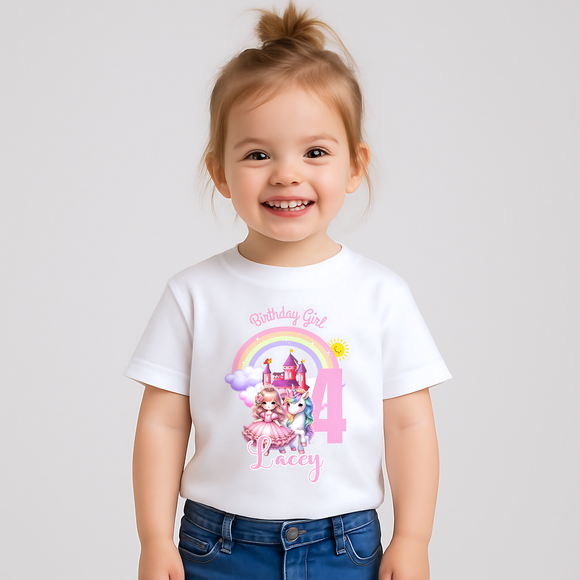 Princess Unicorn Birthday T-Shirt: A white T-shirt featuring a whimsical design of a Princess, unicorn and rainbow, perfect for a girl's birthday celebration. The shirt is personalized with the child's name, offering a unique keepsake. It's crafted from soft, high-quality fabric for comfort and style, making any young girl feel like a princess on her special day. Perfect princess gift, personalised princess tee, custom name shirt, Birthday Girl Princess tshirt.