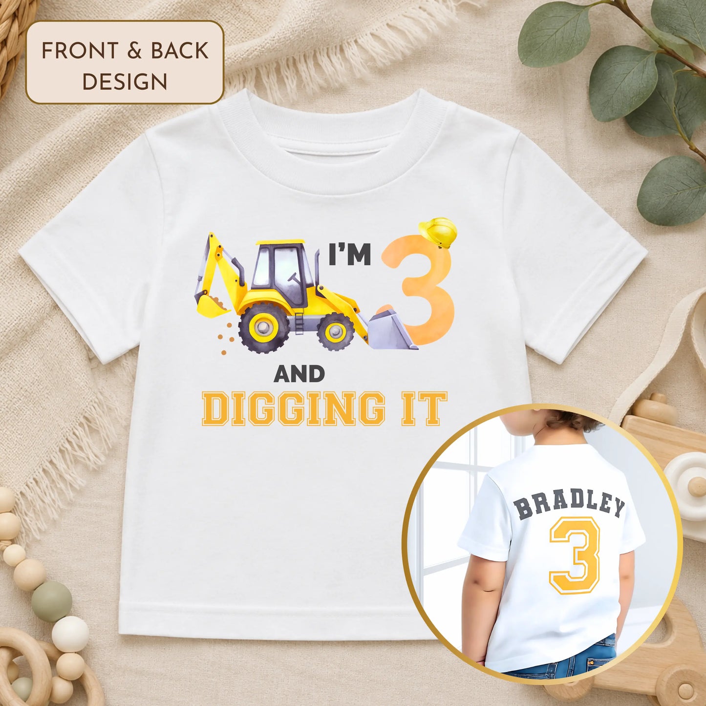 Boys Personalised Construction Digger Birthday T-Shirt – Custom Name & Age Excavator Birthday Top AishaBaileyDesigns