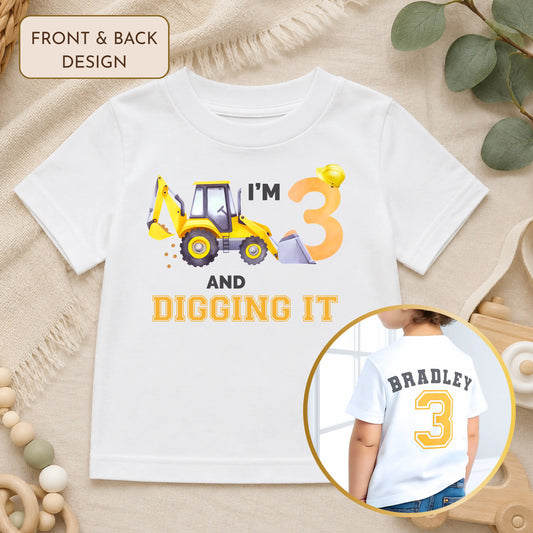 Boys Personalised Construction Digger Birthday T-Shirt – Custom Name & Age Excavator Birthday Top AishaBaileyDesigns