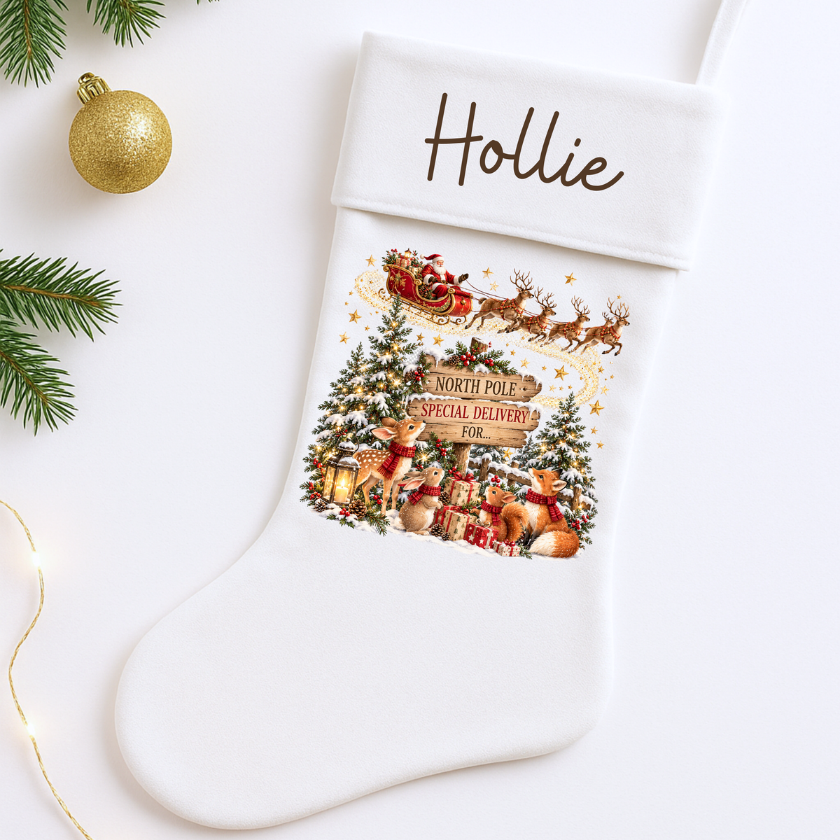 Personalised Christmas Stocking and Santa Sack featuring Santa's sleigh, woodland animals, snowy trees and North Pole wooden sign with child's name.