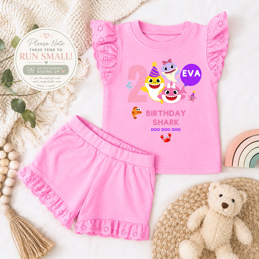 Personalised Baby Shark Birthday Outfit for Girls – Birthday Shark Frilly Top and Shorts Set AishaBaileyDesigns