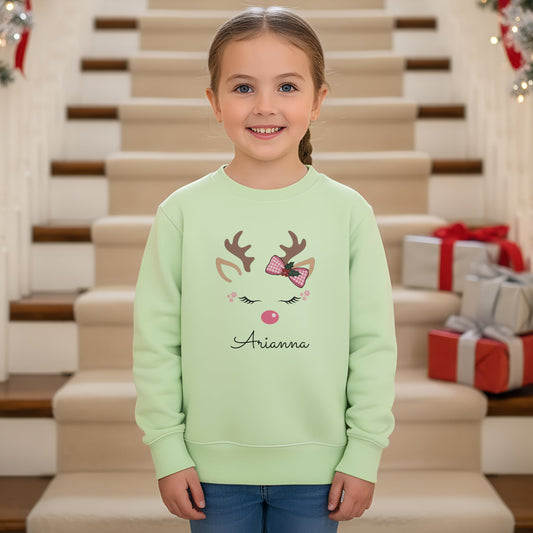 Girls Christmas Sweatshirt: Personalised Christmas sweatshirt for girls with pink reindeer design and custom name print.