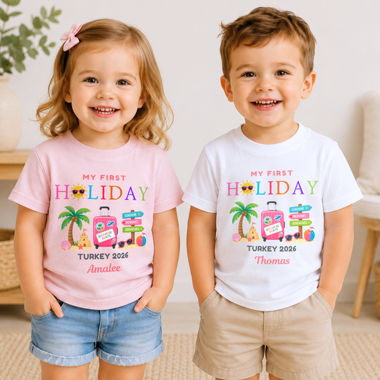 Personalised Family Holiday T-Shirt for Babies, Kids & Adults
