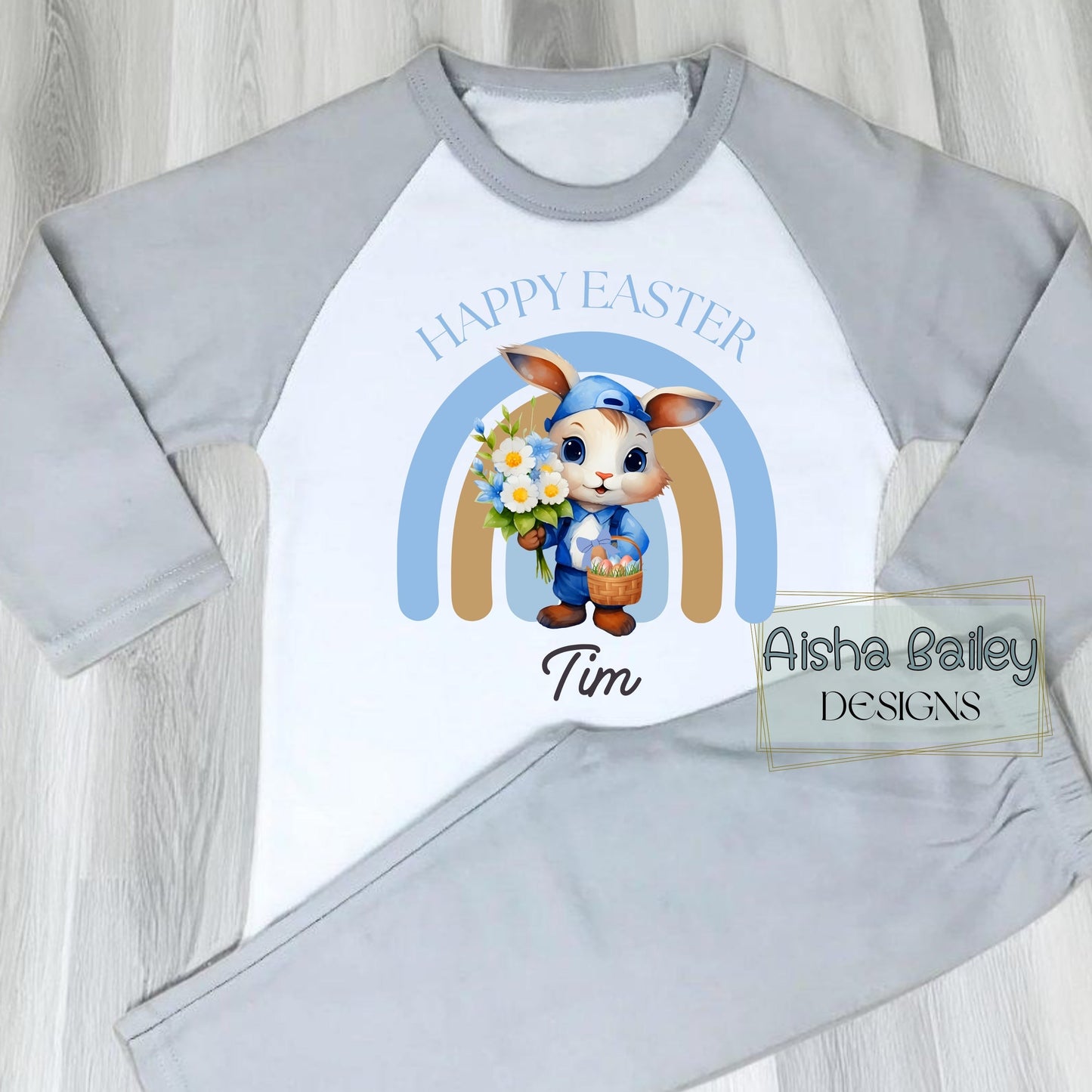 Personalised Easter Pyjamas for boys with their custom name. Easter gift with white Easter bunny