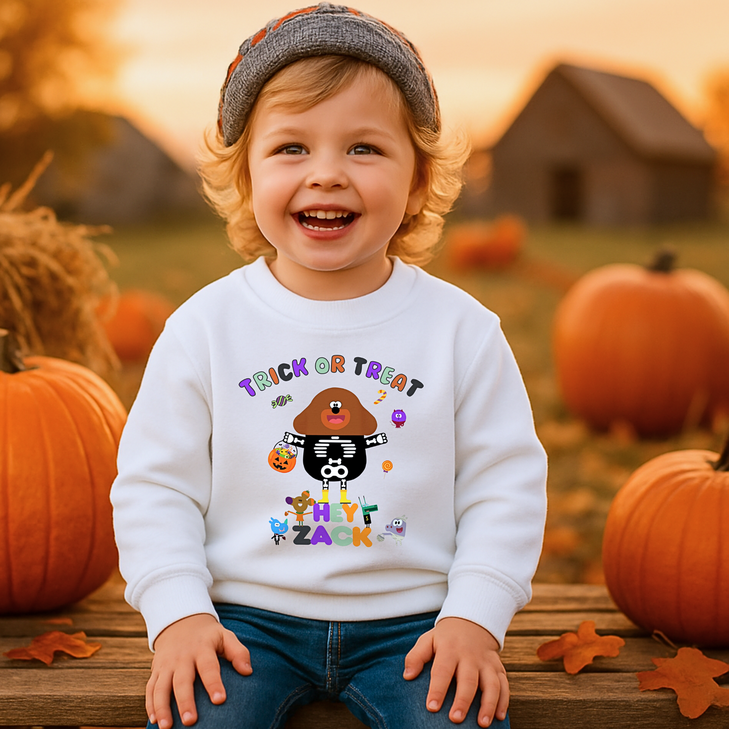 Child wearing personalised Halloween sweatshirt with trick-or-treat hey Duggee design and custom name