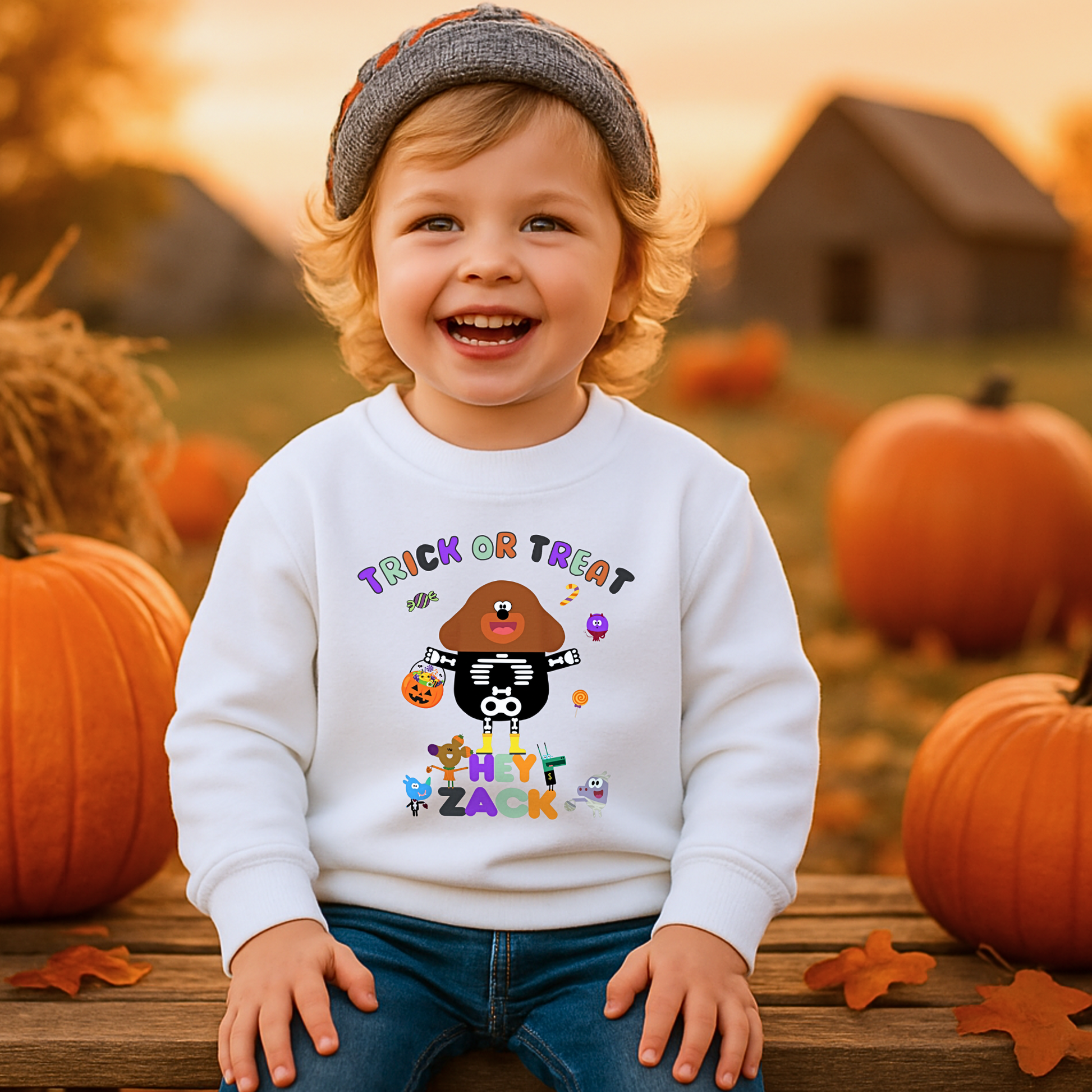 Child wearing personalised Halloween sweatshirt with trick-or-treat hey Duggee design and custom name