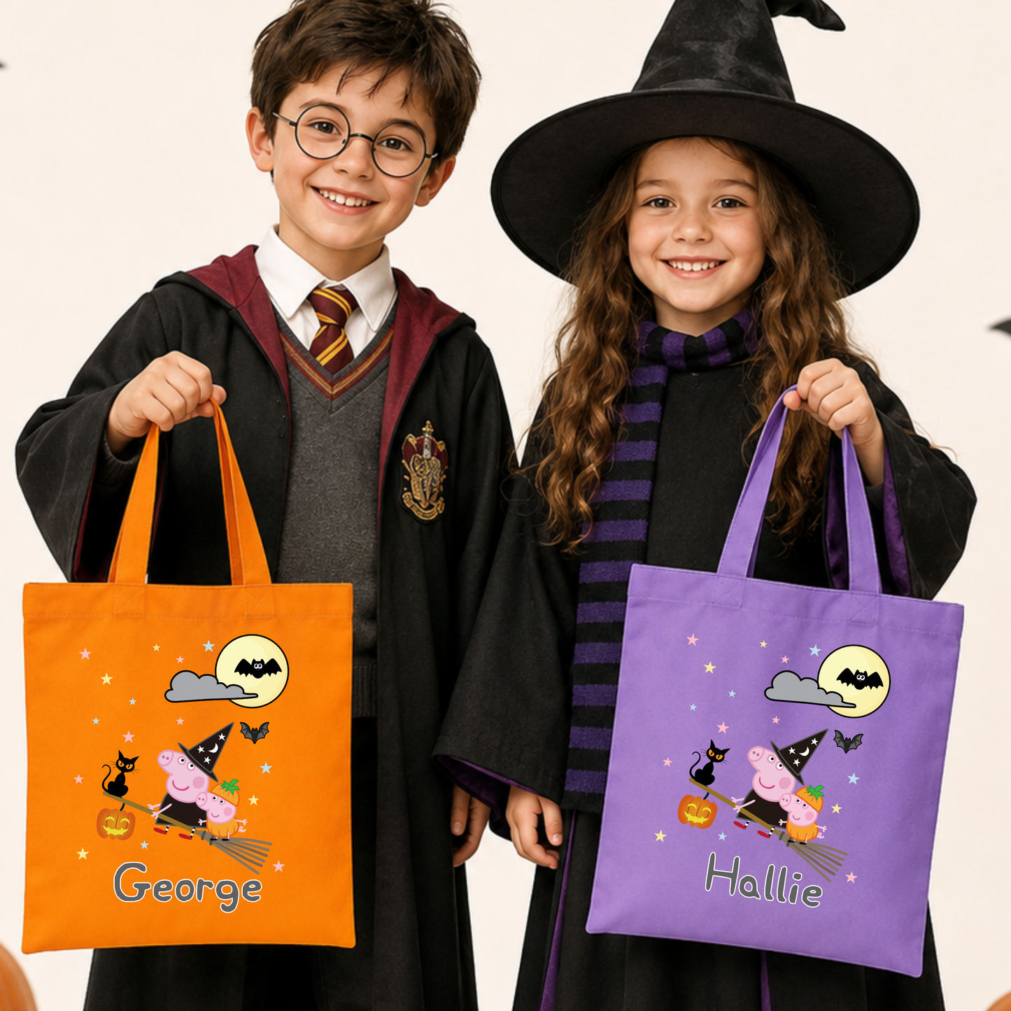 Kids Personalised Halloween Trick or Treat Bag with Peppa Pig witch design, personalised name, bats, moon and pumpkin