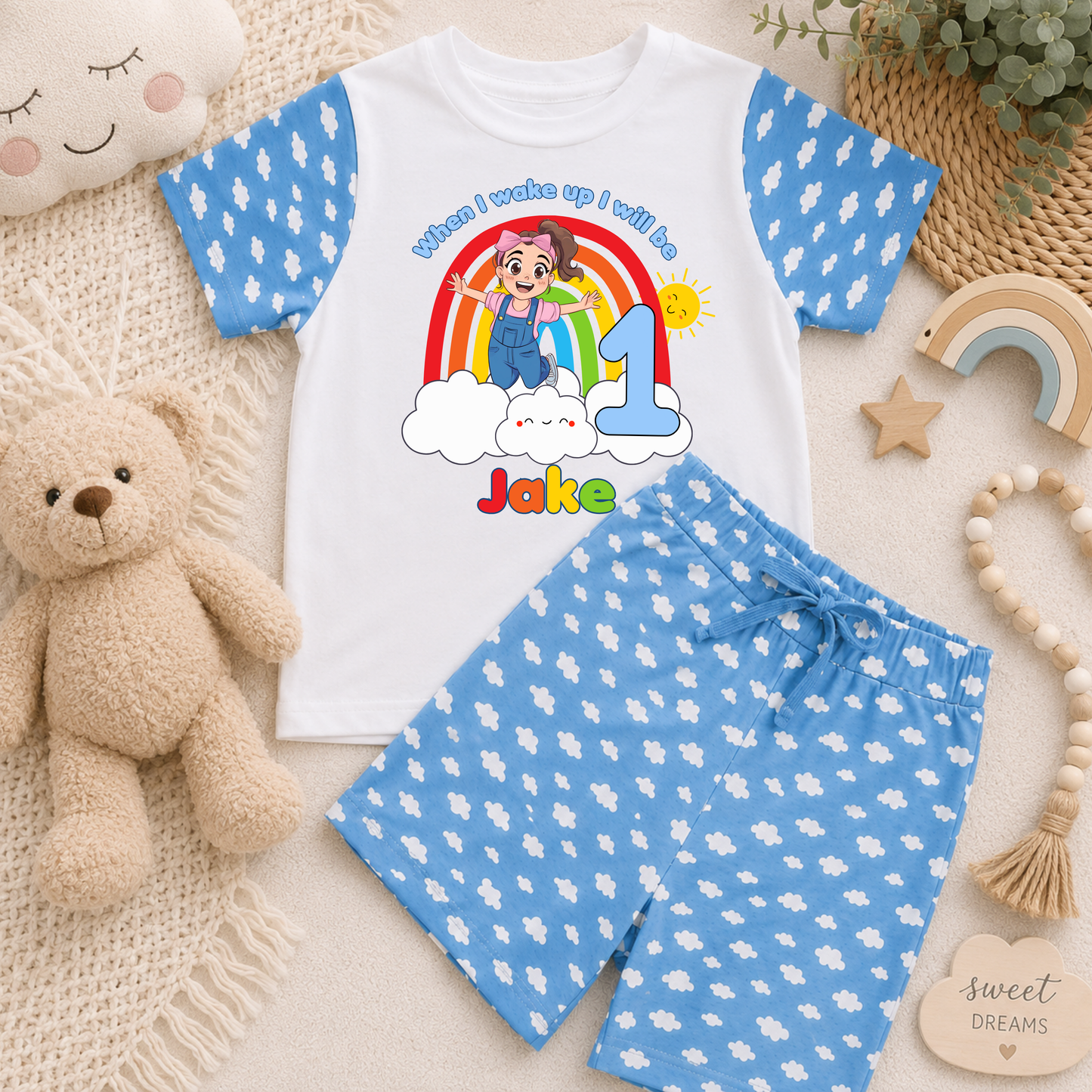 Boys Personalised Ms Rachel Short Birthday Pyjamas - When I Wake Up with custom name and age, colourful rainbow birthday design and short sleeve shorts set.