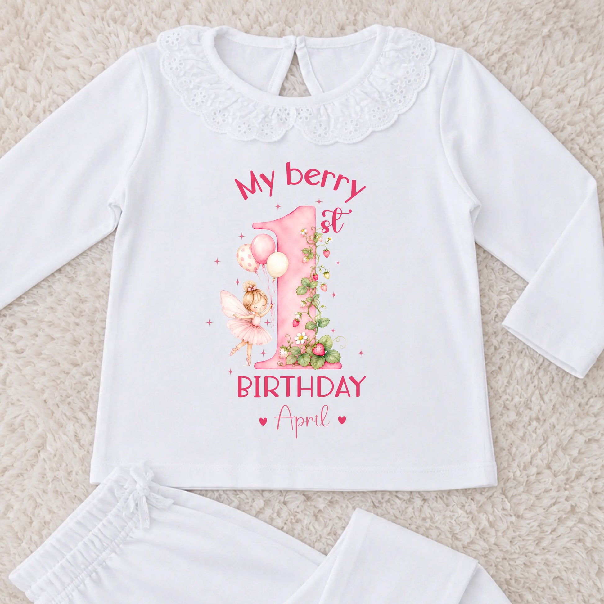 Personalised girls berry first birthday pyjamas with strawberry fairy number one design, custom name birthday outfit, frill collar toddler birthday set.