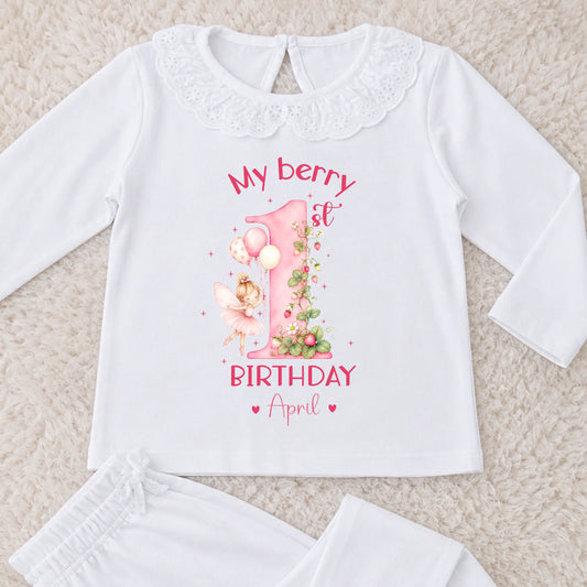 Personalised girls berry first birthday pyjamas with strawberry fairy number one design, custom name birthday outfit, frill collar toddler birthday set.