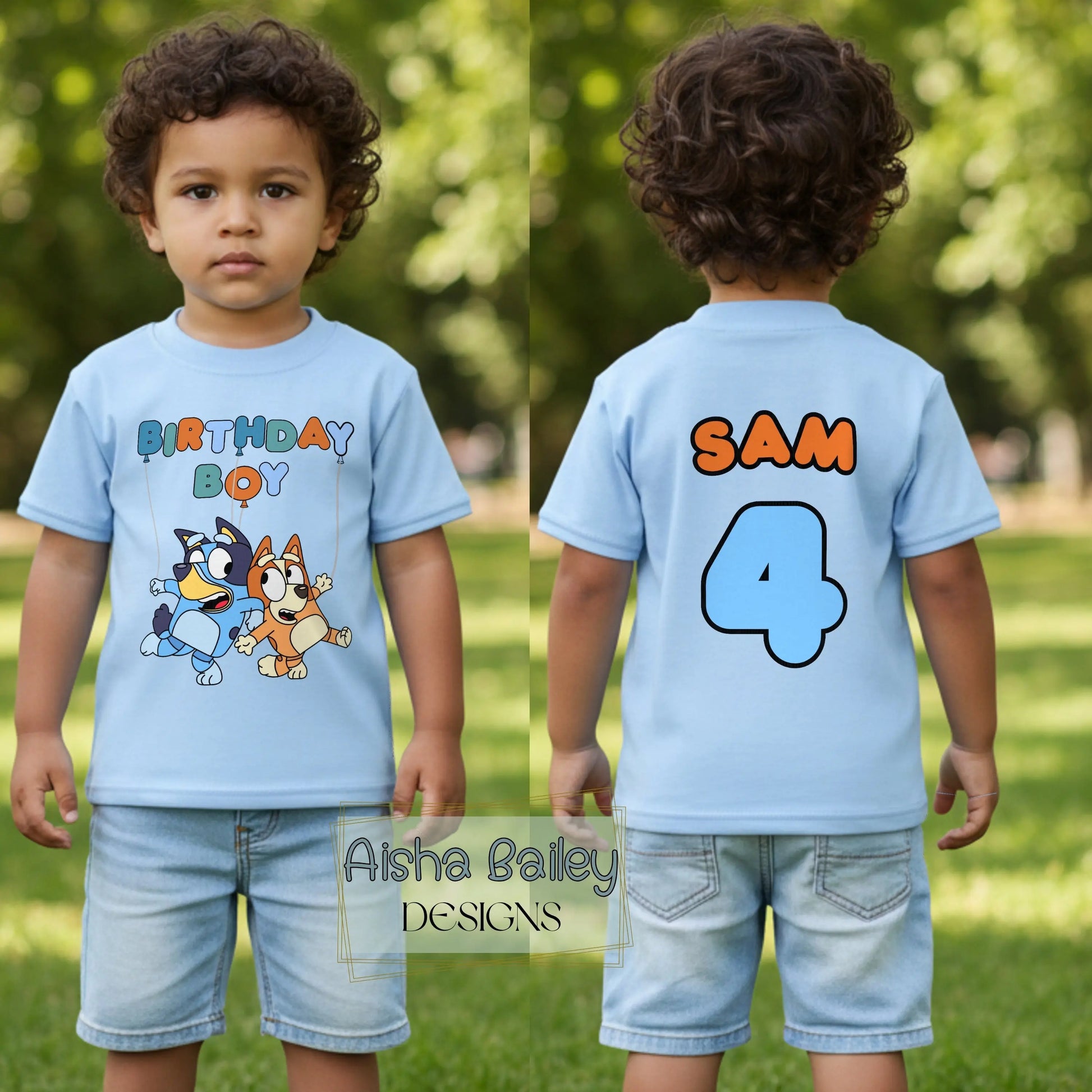 Boys Personalised Bluey and Bingo Birthday T-shirt - Bluey and Bingo Tee Back and Front Print AishaBaileyDesigns