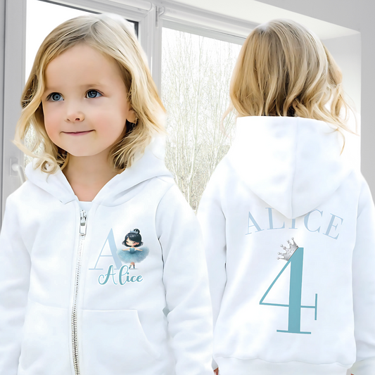 personalised princess hoodie with zip-up front, custom name and initial printed on left chest, and name with birthday number crowned with a tiara printed on the back, soft and cosy hoodie for girls, perfect birthday gift or everyday wear