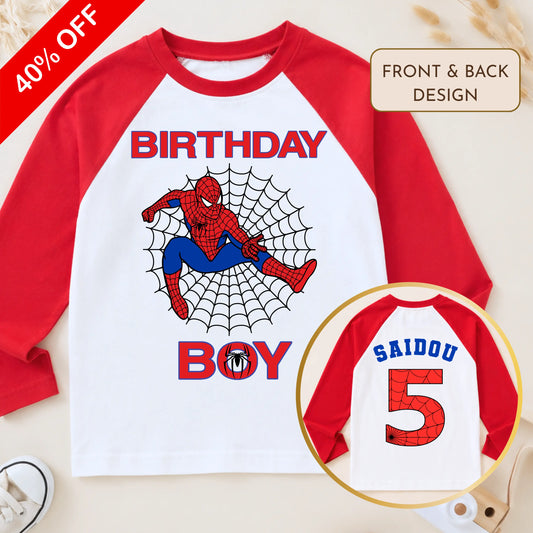 Boys Personalised Spider-man Birthday Top – Raglan Baseball Style Top, Reduced to Clear AishaBaileyDesigns