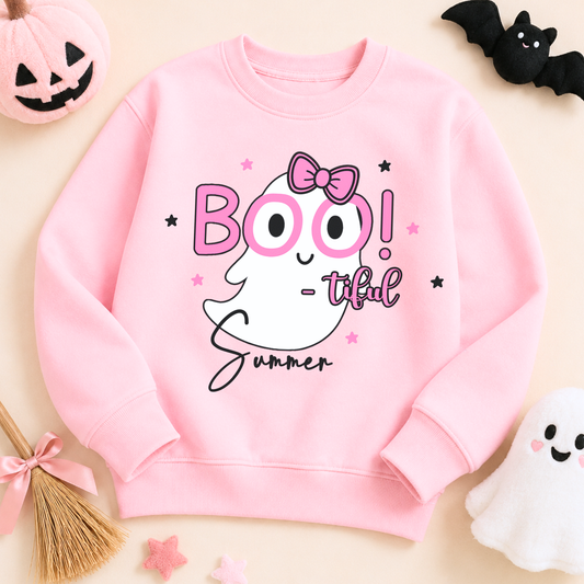 Personalised Girls Halloween Sweatshirt. Personalised Halloween sweatshirt for girls - Personalised Halloween sweatshirt for girls with cute ghost “Boo” design in lilac. A pink crewneck sweatshirt with a cute Halloween graphic that reads 'BOO! -tiful Summer' featuring a cartoon ghost and bow. The sweatshirt is styled in a flat-lay arrangement with seasonal props including a broom, a jack-o'-lantern, a black bat, and a plush ghost on a light beige background.