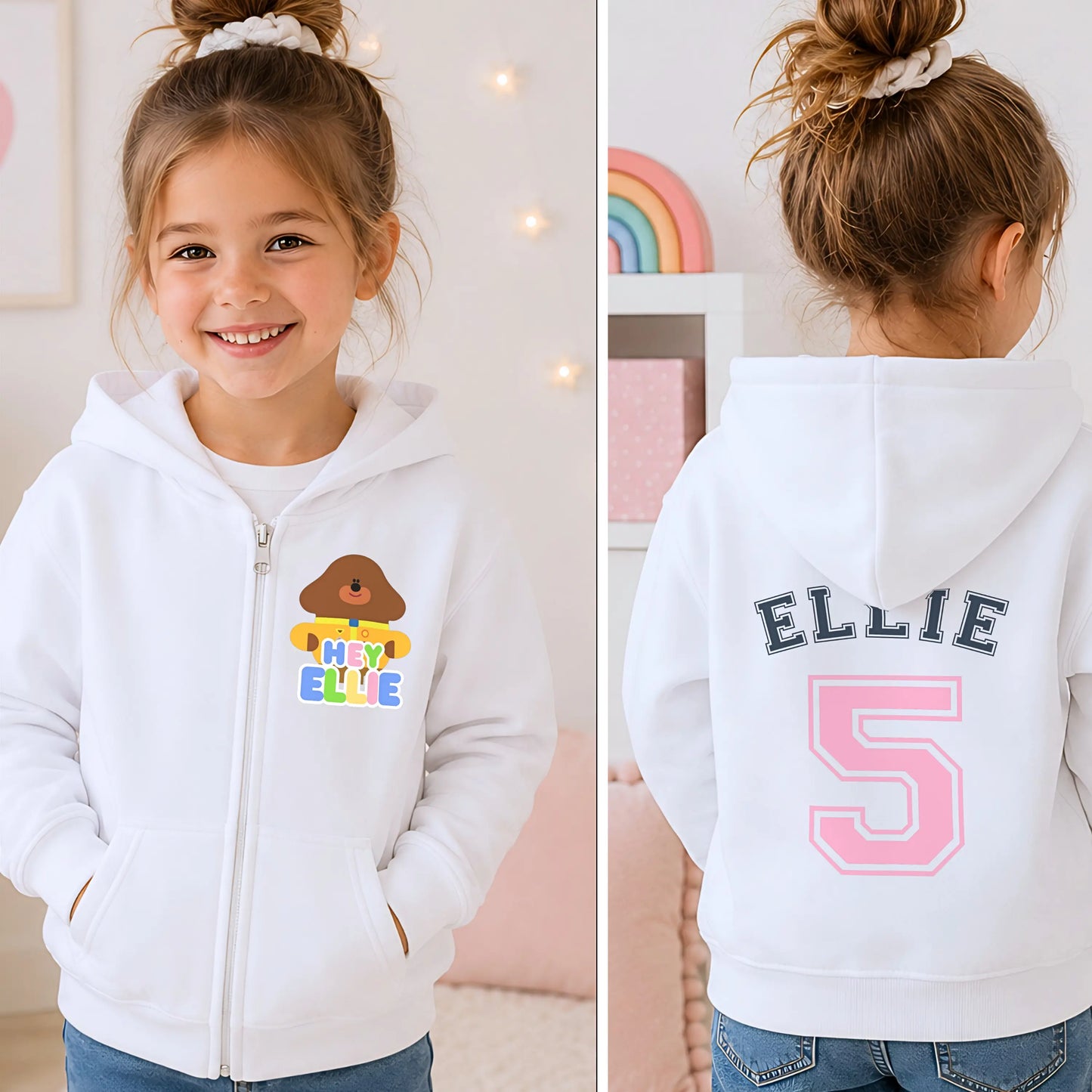 Personalised Hey Duggee Birthday Hoodie for Girls with Back Design AishaBaileyDesigns