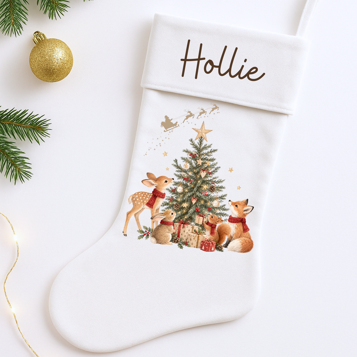 Personalised Christmas stocking and sack: Woodland Animals Christmas Stocking & Santa Sack with deer, fox, bunny and squirrel design, available individually or as a matching set.
