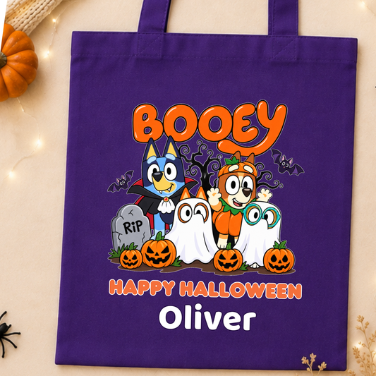 Kids Personalised Halloween Trick or Treat Bag with name, Bluey character design, pumpkins, ghosts and bats in purple, violet, white and pink