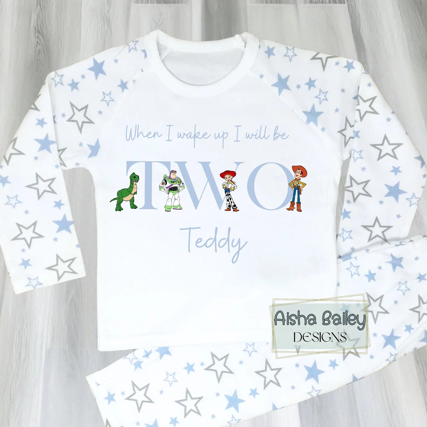 Personalised Toy Story Birthday Pyjamas for Boys with custom name and age, when i wake up i will be
