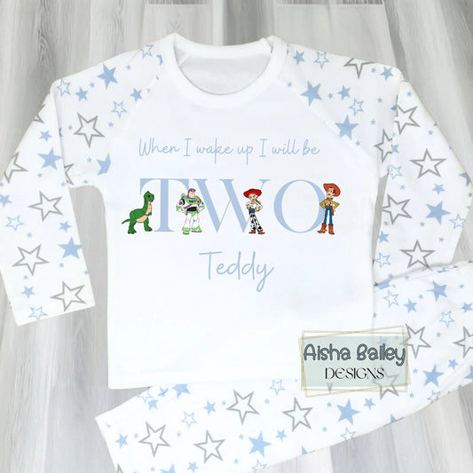 Personalised Toy Story Birthday Pyjamas for Boys with custom name and age, when i wake up i will be