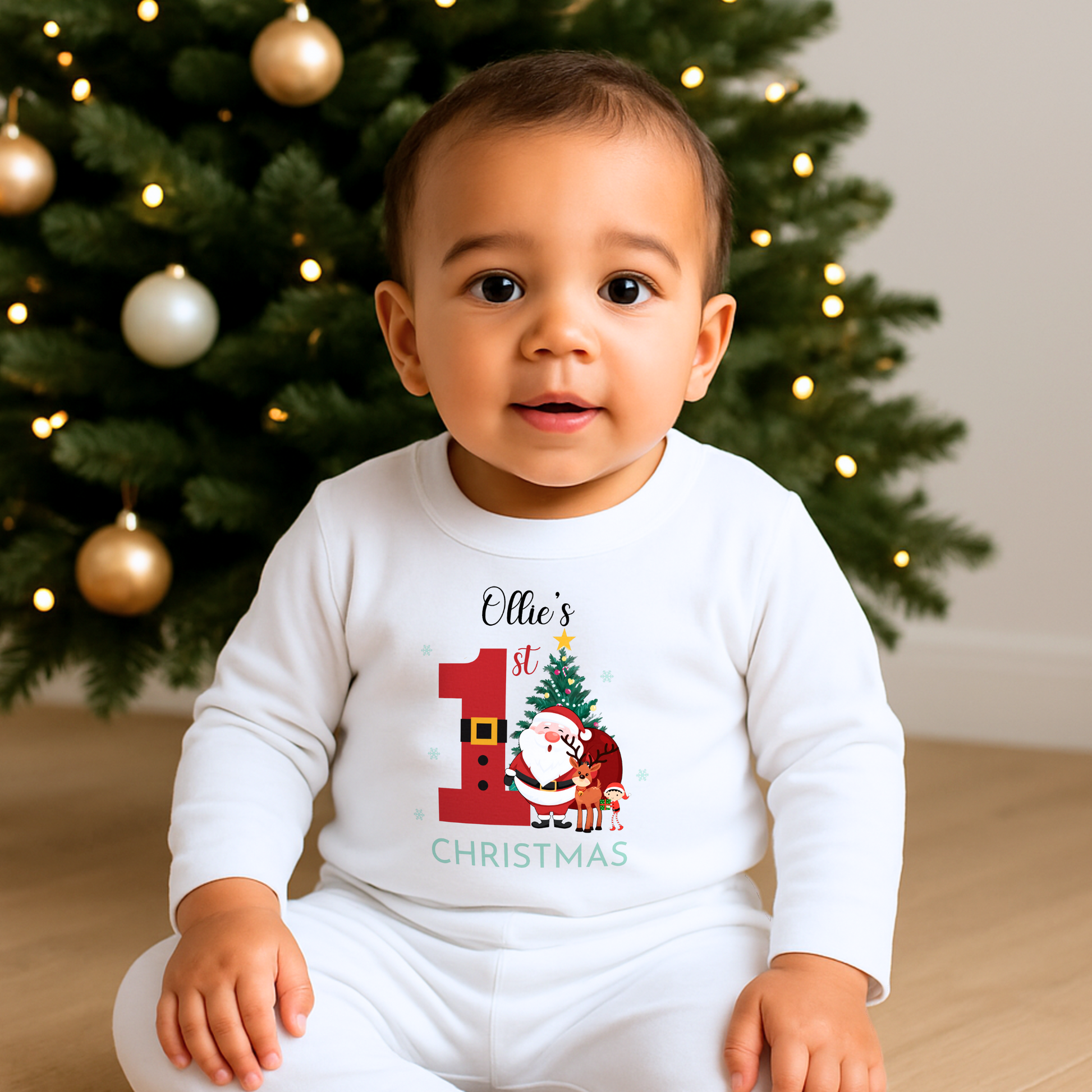 First Christmas Pyjamas, 1st Christmas pyjamas white baby sleepwear with personalized name festive design