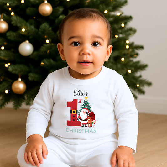 First Christmas Pyjamas, 1st Christmas pyjamas white baby sleepwear with personalized name festive design
