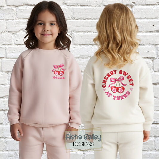 Personalised Cherry Sweet Birthday Loungewear Set for girls with custom name on front and cherry age back print, matching sweatshirt and bottoms