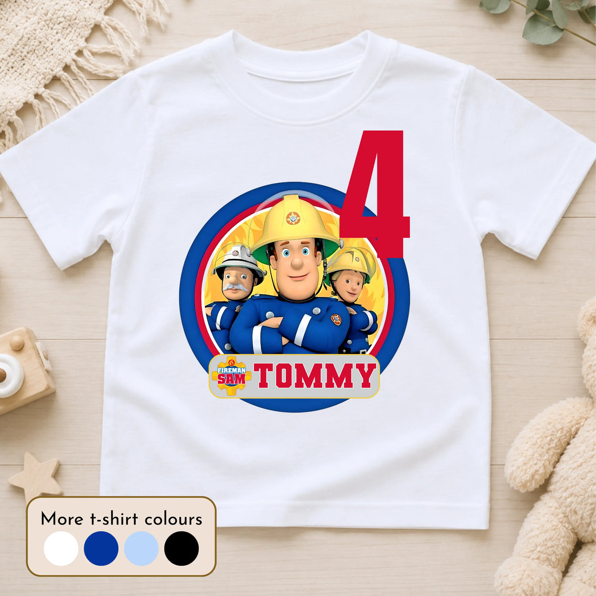 Personalised Fireman Sam birthday T-shirt for boys featuring a custom name and age with a colourful Fireman Sam-inspired design, perfect for birthday parties, cake smash photos and special celebrations.