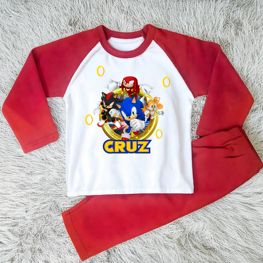Sonic personalised pyjamas, sonic custom pajamas, gamers pjs with name, boys custom sonic pjs