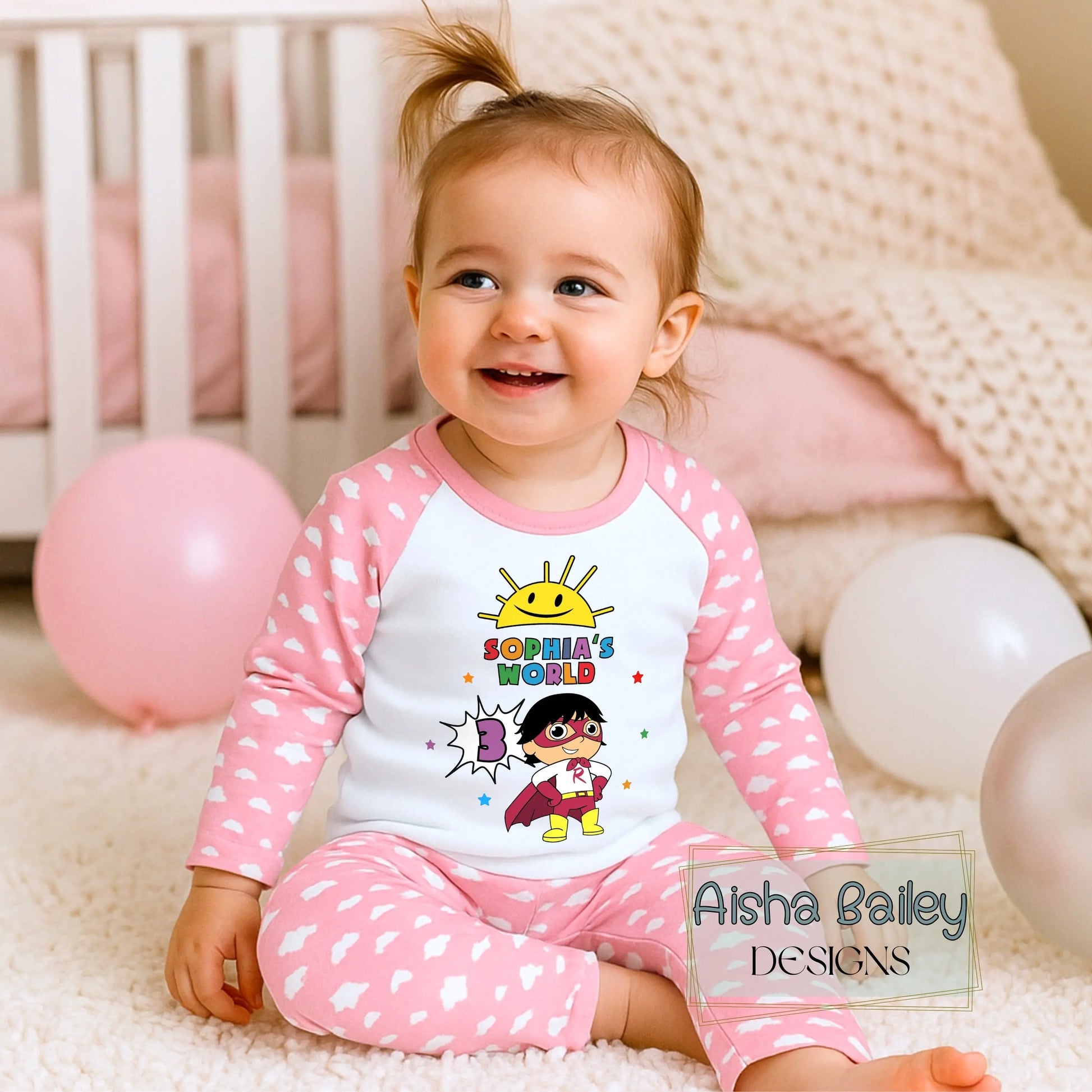 Ryan's World personalised birthday pyjamas for girls with colourful superhero design