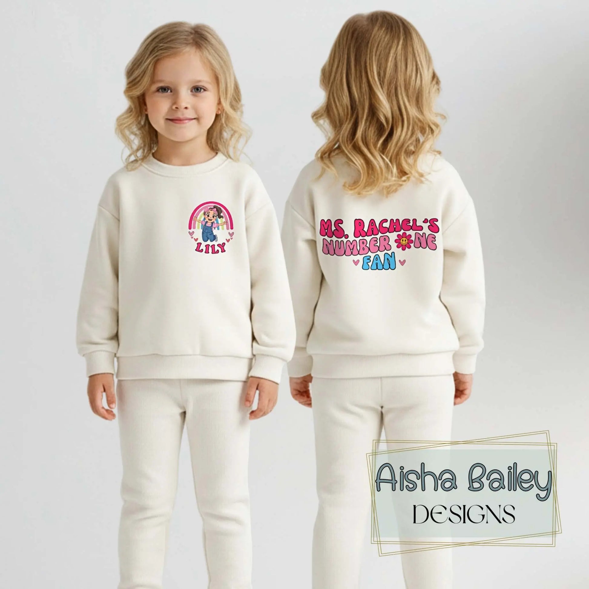 Ms Rachel Personalised Loungewear Set: Ms Rachel custom loungewear set for girls with matching top and bottoms and fun back print design