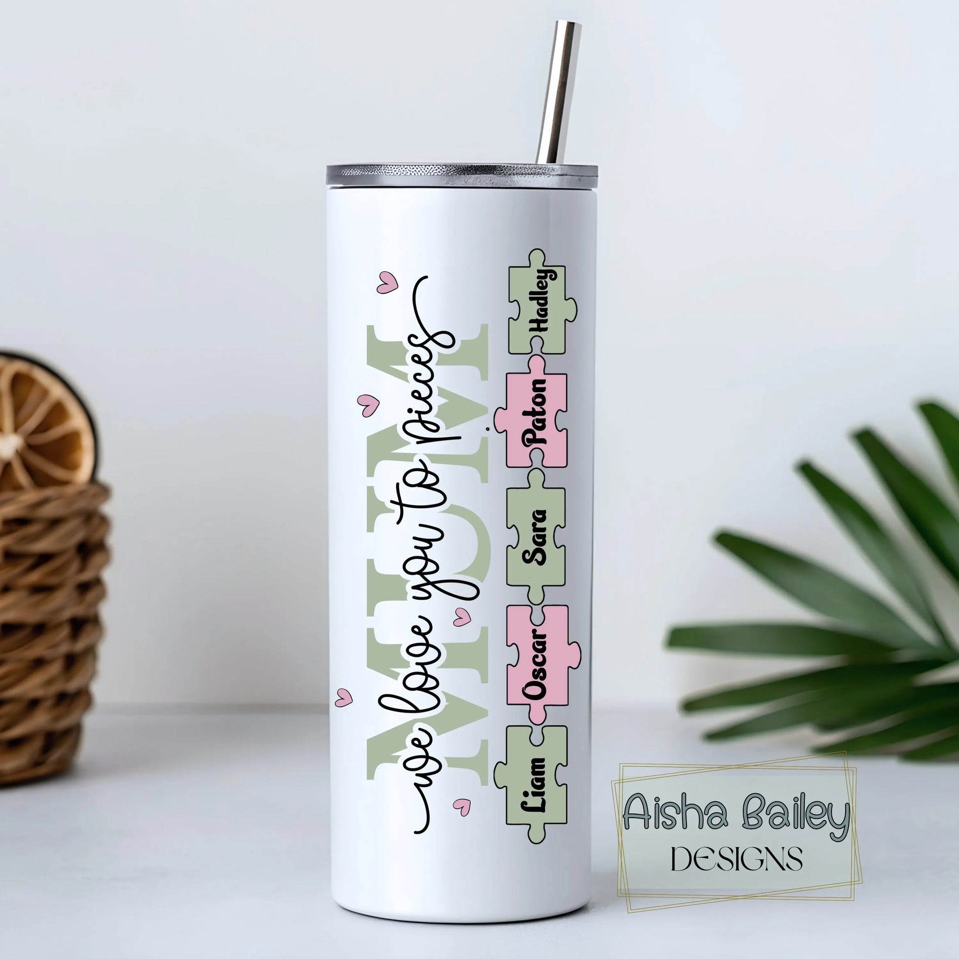 Personalised mum tumbler with We Love You To Pieces puzzle design and custom names, thoughtful gift for mum for mother's day