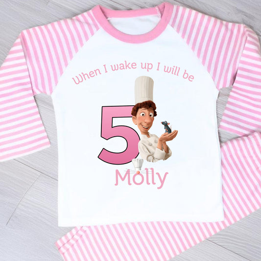 Ratatouille birthday pyjamas: Pink and white striped personalised birthday pyjamas with ratatouille character with name and age