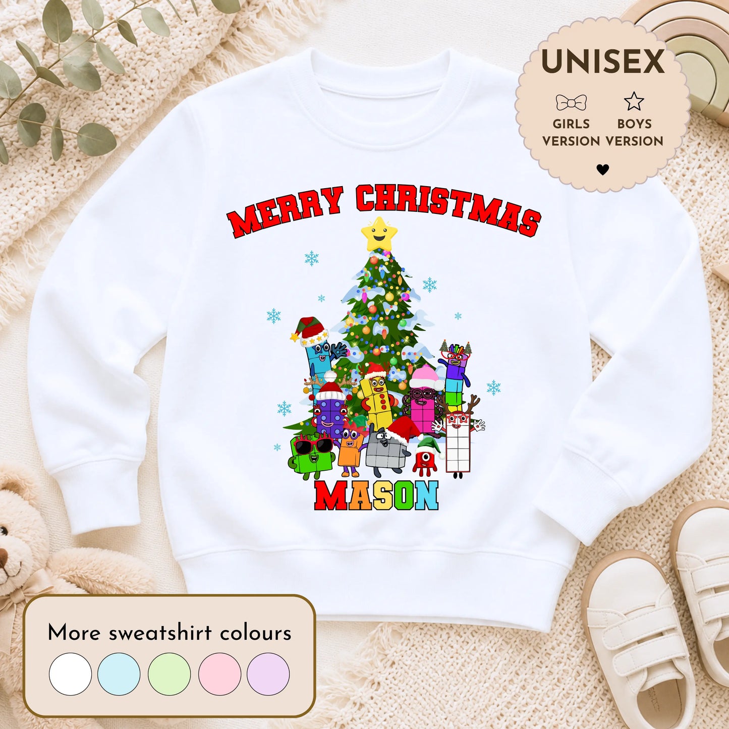 Children's Personalised Numberblocks Christmas Jumper: Xmas Sweatshirt AishaBaileyDesigns