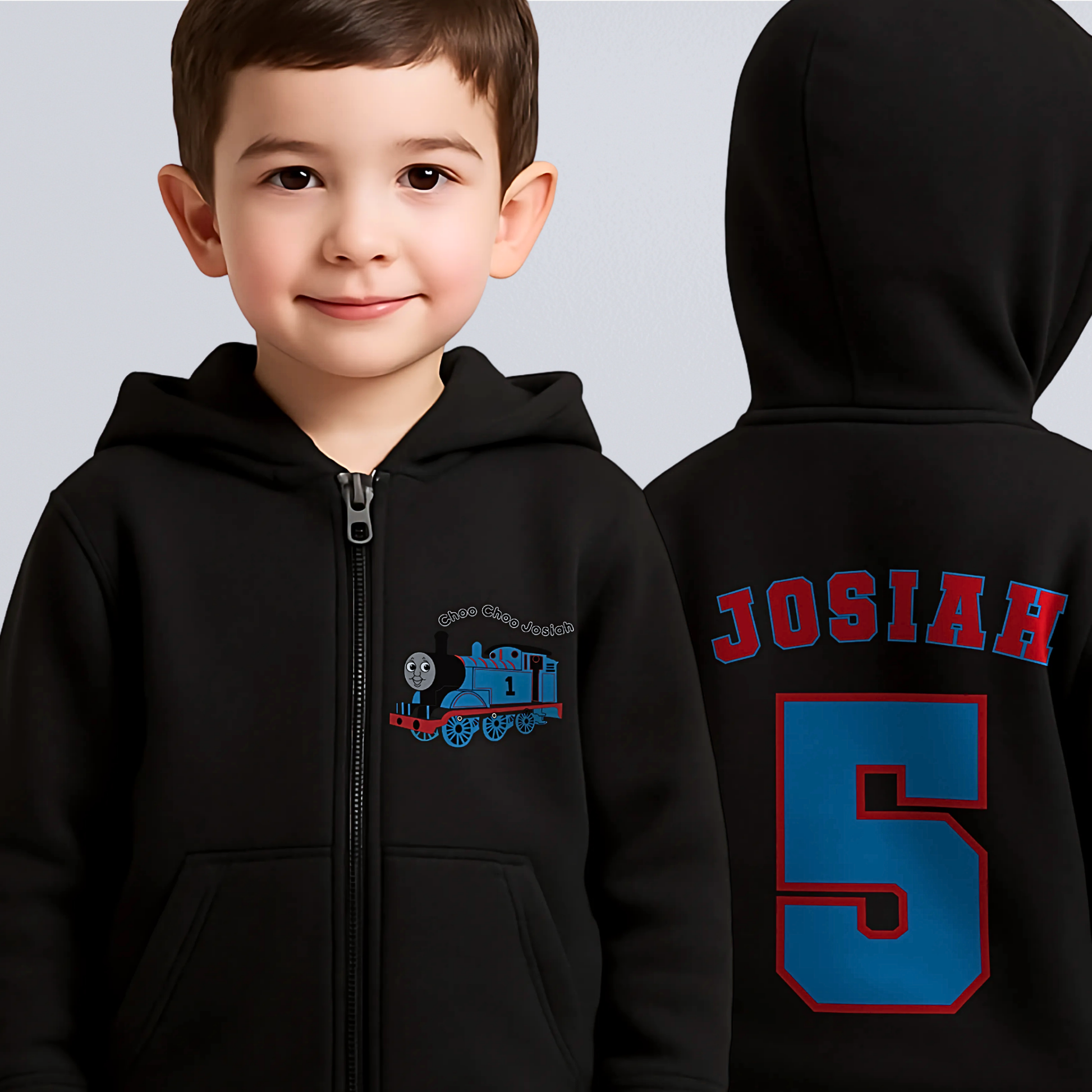 personalised thomas hoodie for boys – zip up with name on front and name plus age on back, birthday gift in white, black, grey, and navy blue