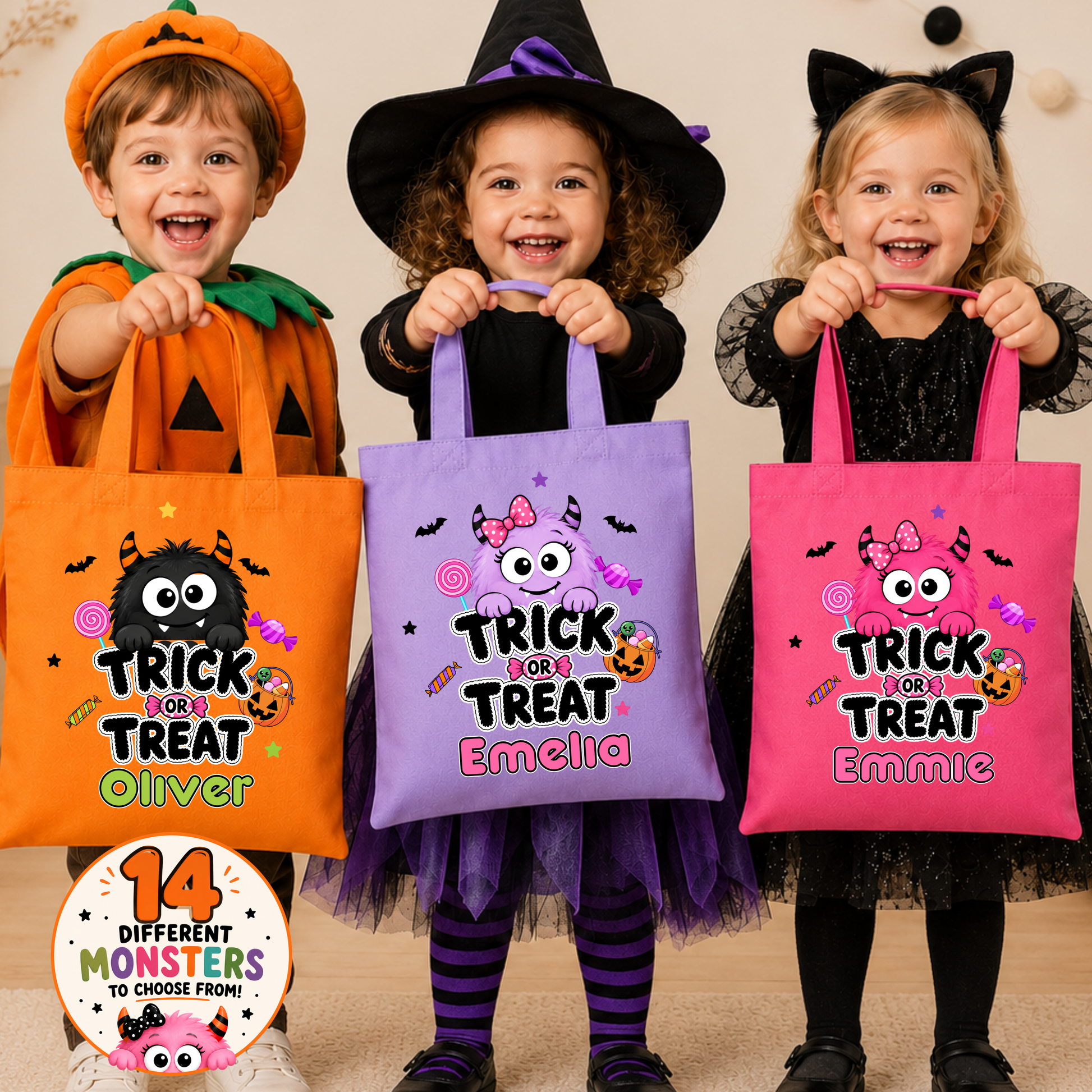 Personalised Halloween Trick or Treat Bag for kids with name and choice of 14 cute colourful monster designs for collecting Halloween sweets.