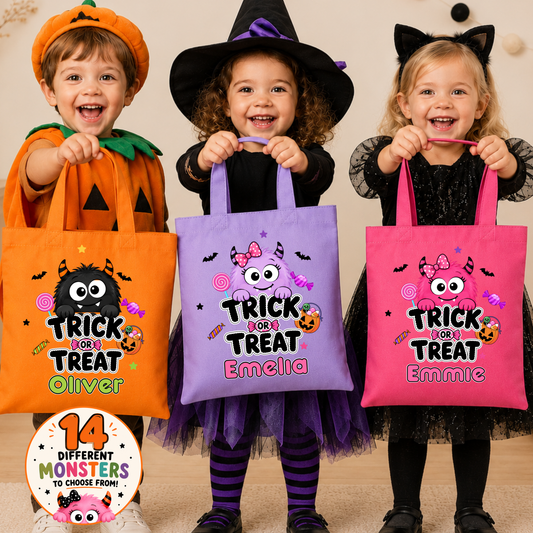 Personalised Halloween Trick or Treat Bag for kids with name and choice of 14 cute colourful monster designs for collecting Halloween sweets.