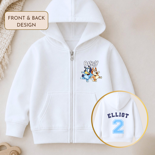 Personalised Boys Birthday Hoodie featuring Bluey and Bingo on the front, with your child's name and birthday age in a fun varsity-style design on the back.