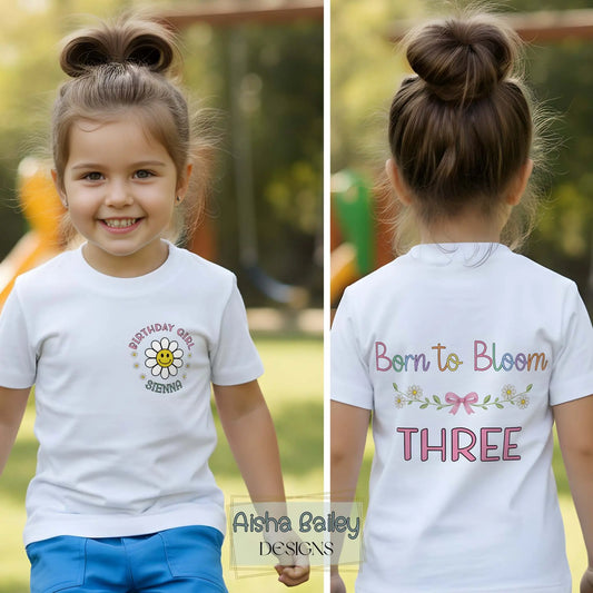 Personalised Birthday Girl T-shirt with front daisy print and colorful "Born to Bloom" back design showing name and age